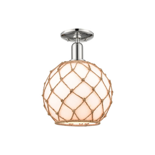 Innovations Farmhouse Rope 10in 1-Light Semi-Flush Mount | Industrial Polished Nickel and Matte White Glass with Rope | Model 716-1C-PN-G121-10RB