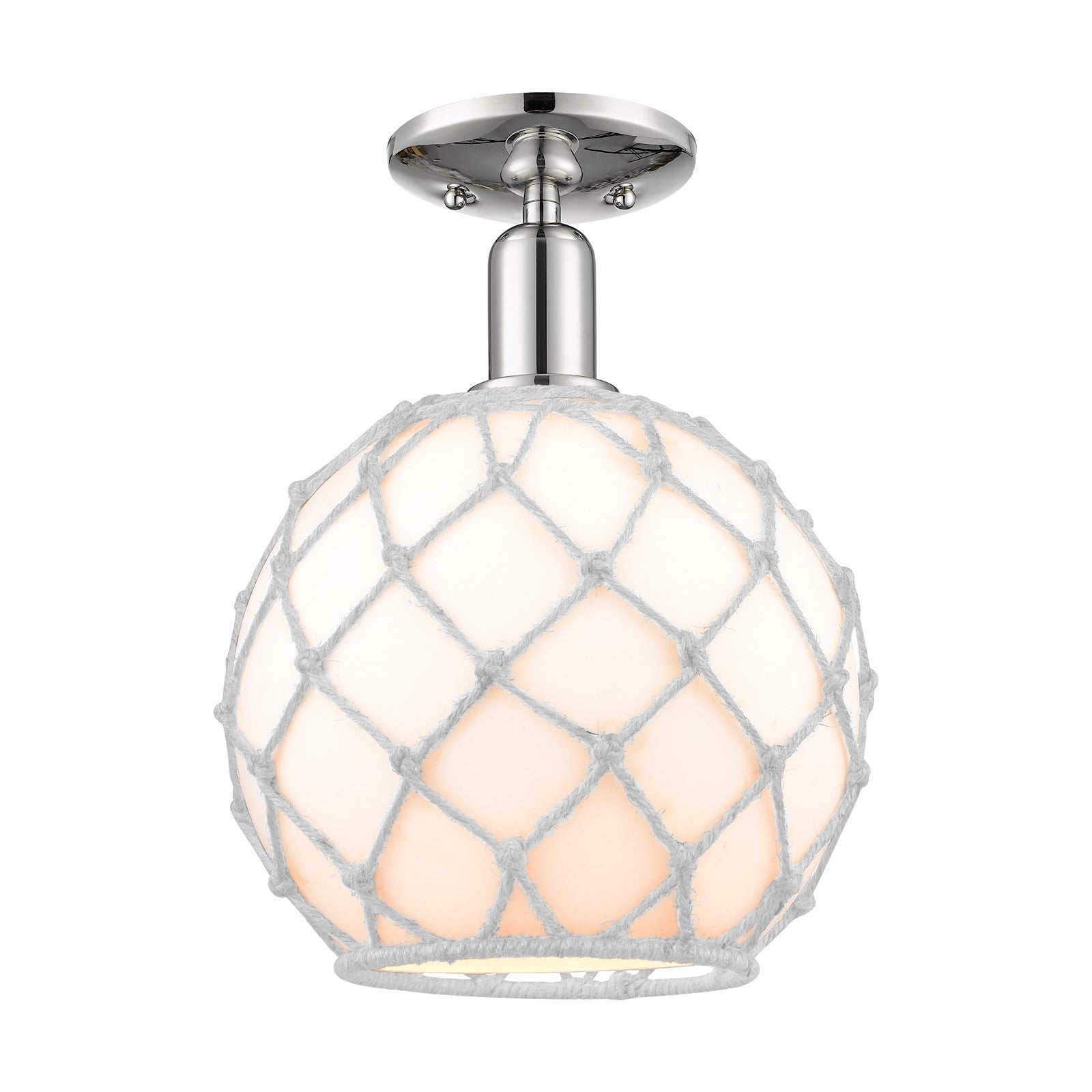 Innovations Farmhouse Rope 10in 1-Light Semi-Flush Mount | Industrial Polished Nickel and White Glass with White Rope | Model 716-1C-PN-G121-10RW