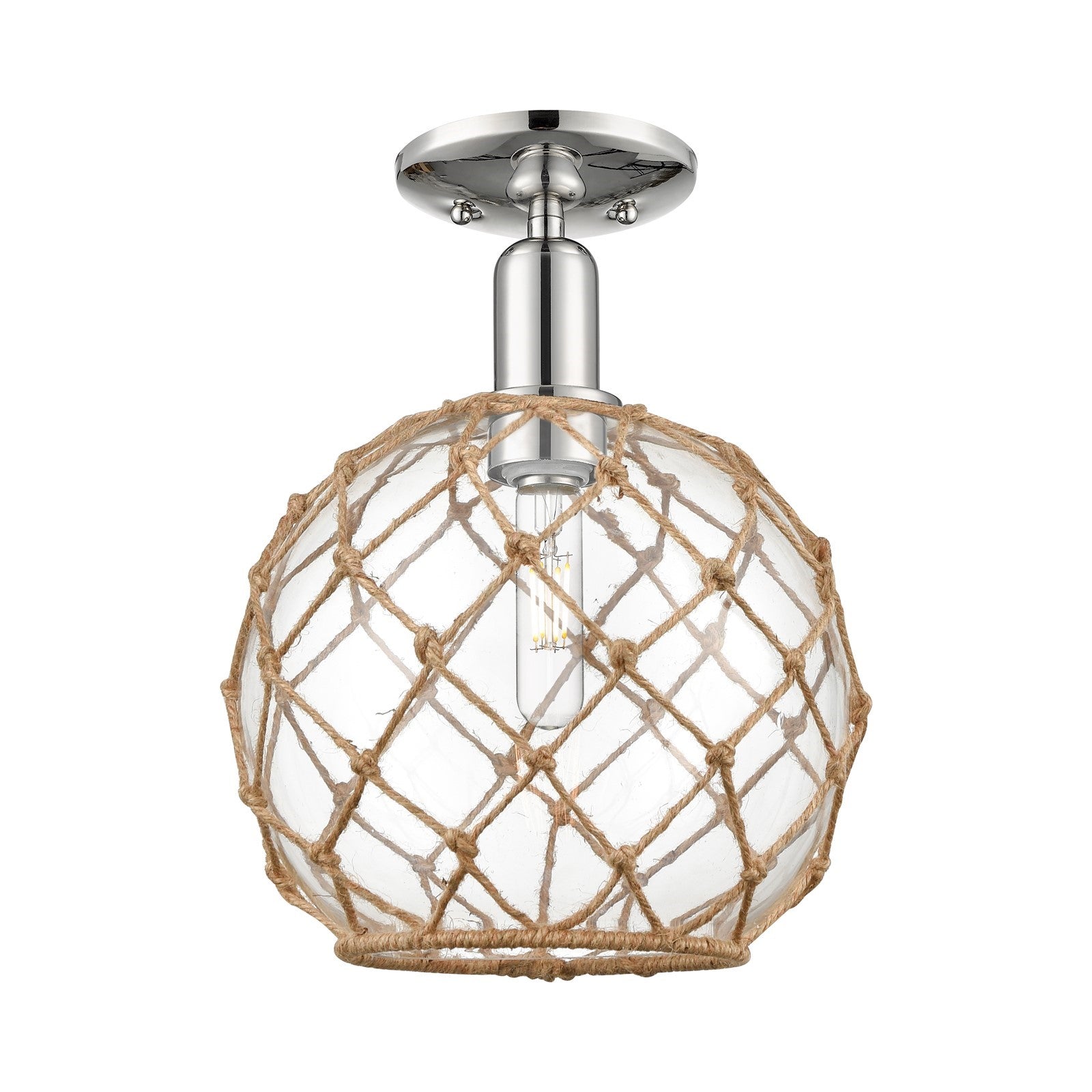 Innovations Farmhouse Rope 10in 1-Light Semi-Flush Mount | Industrial Polished Nickel Steel and Clear Glass with Brown Rope | Model 716-1C-PN-G122-10RB