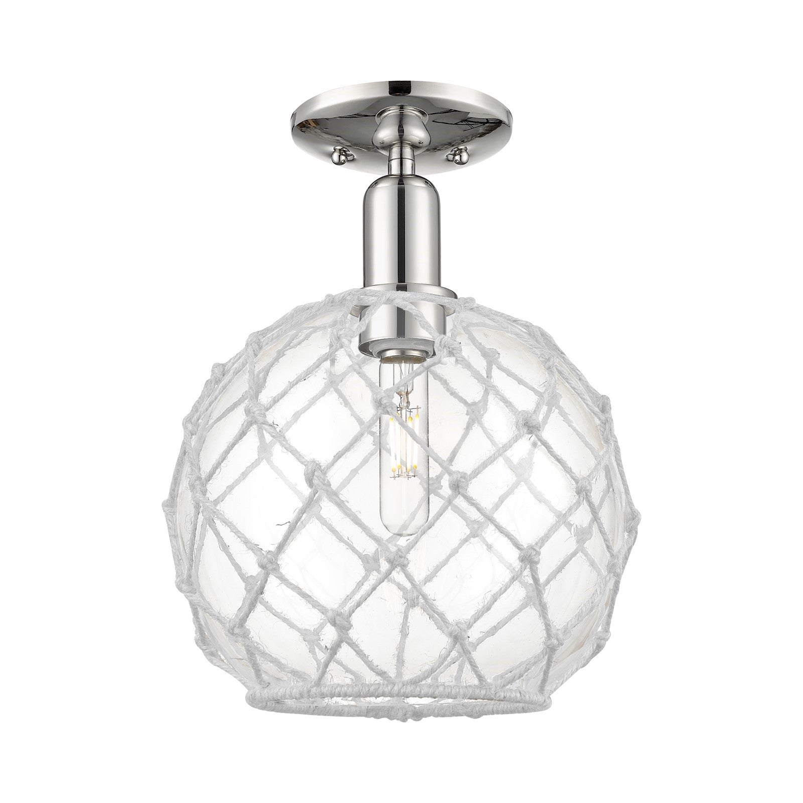 Innovations Farmhouse Rope 10in 1-Light Semi-Flush Mount | Industrial Polished Nickel Steel and Clear Glass with White Rope | Model 716-1C-PN-G122-10RW