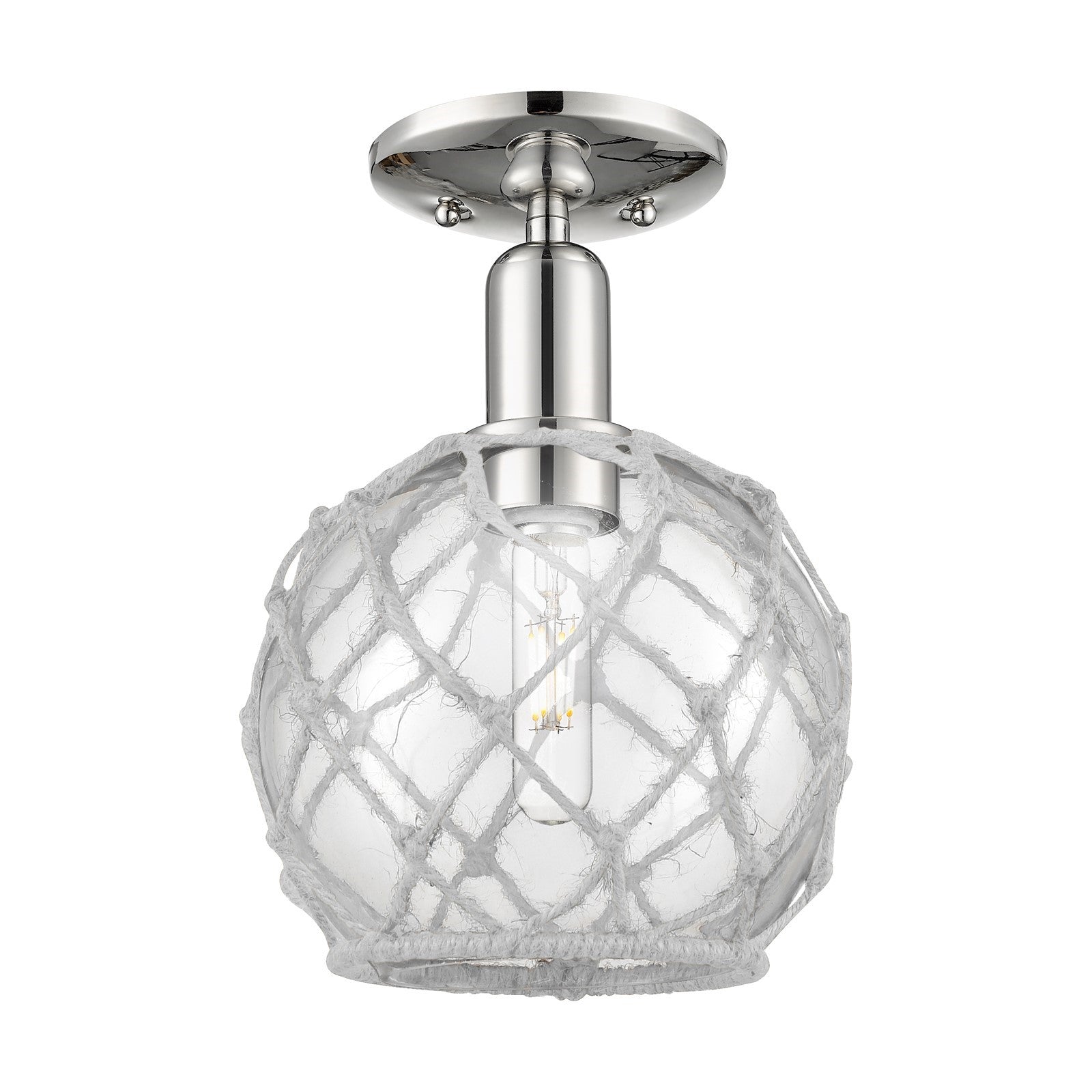 Innovations Farmhouse Rope 8in 1-Light Semi-Flush Mount | Industrial Polished Nickel Steel and Clear Glass with White Rope | Model 716-1C-PN-G122-8RW