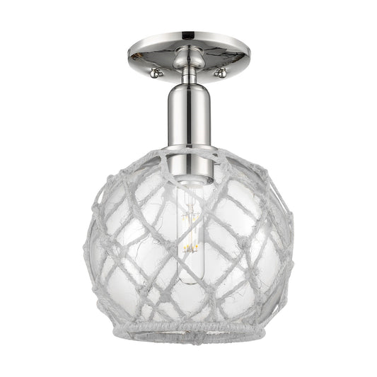 Innovations Farmhouse Rope 8in 1-Light Semi-Flush Mount | Industrial Polished Nickel Steel and Clear Glass with White Rope | Model 716-1C-PN-G122-8RW