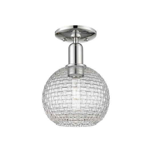 Innovations Athens 8in 1-Light Semi-Flush Mount | Industrial Polished Nickel Steel and Clear Basket Weave Glass | Damp-Rated | Model 716-1C-PN-G122C-8CL