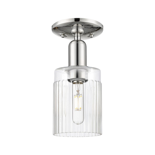 Innovations Hadley 1-Light 4.5in Semi-Flush Mount | Industrial Polished Nickel Steel and Clear Ribbed Glass | Entryway & Hallway | Model 716-1C-PN-G342
