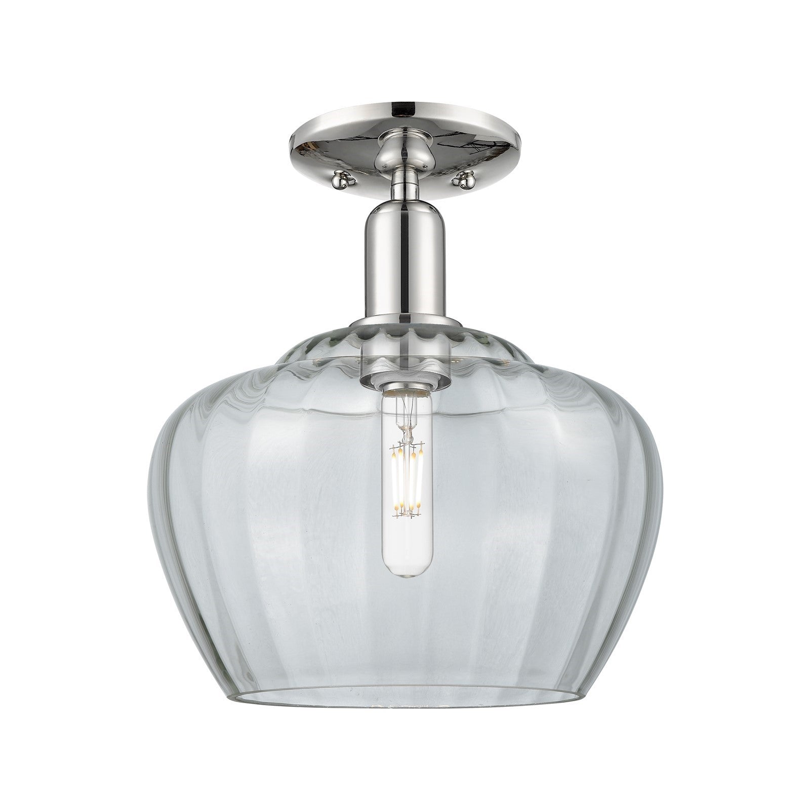 Innovations Fenton 11in 1-Light Semi-Flush Mount | Industrial Polished Nickel Steel and Clear Ribbed Glass | Entryway & Hallway | Model 716-1C-PN-G92-L
