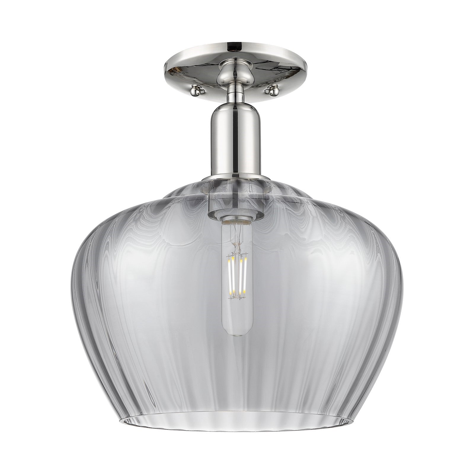 Innovations Fenton 11in 1-Light Semi-Flush Mount | Industrial Polished Nickel and Light Smoke Ribbed Glass | Entryway & Hallway | Model 716-1C-PN-G93-L