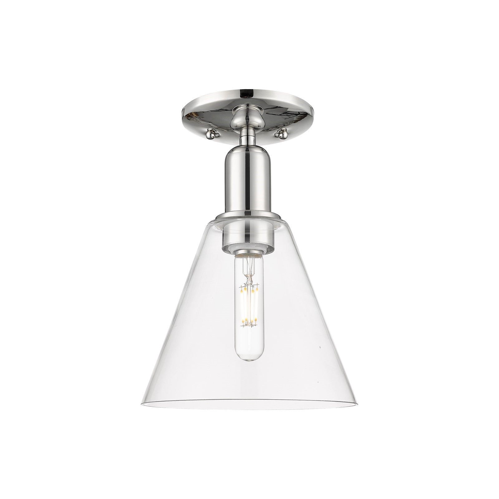 Innovations Berkshire Glass 8in 1-Light Semi-Flush Mount | Industrial Polished Nickel Steel and Clear Cone Glass | Damp Location | Model 716-1C-PN-GBC-82