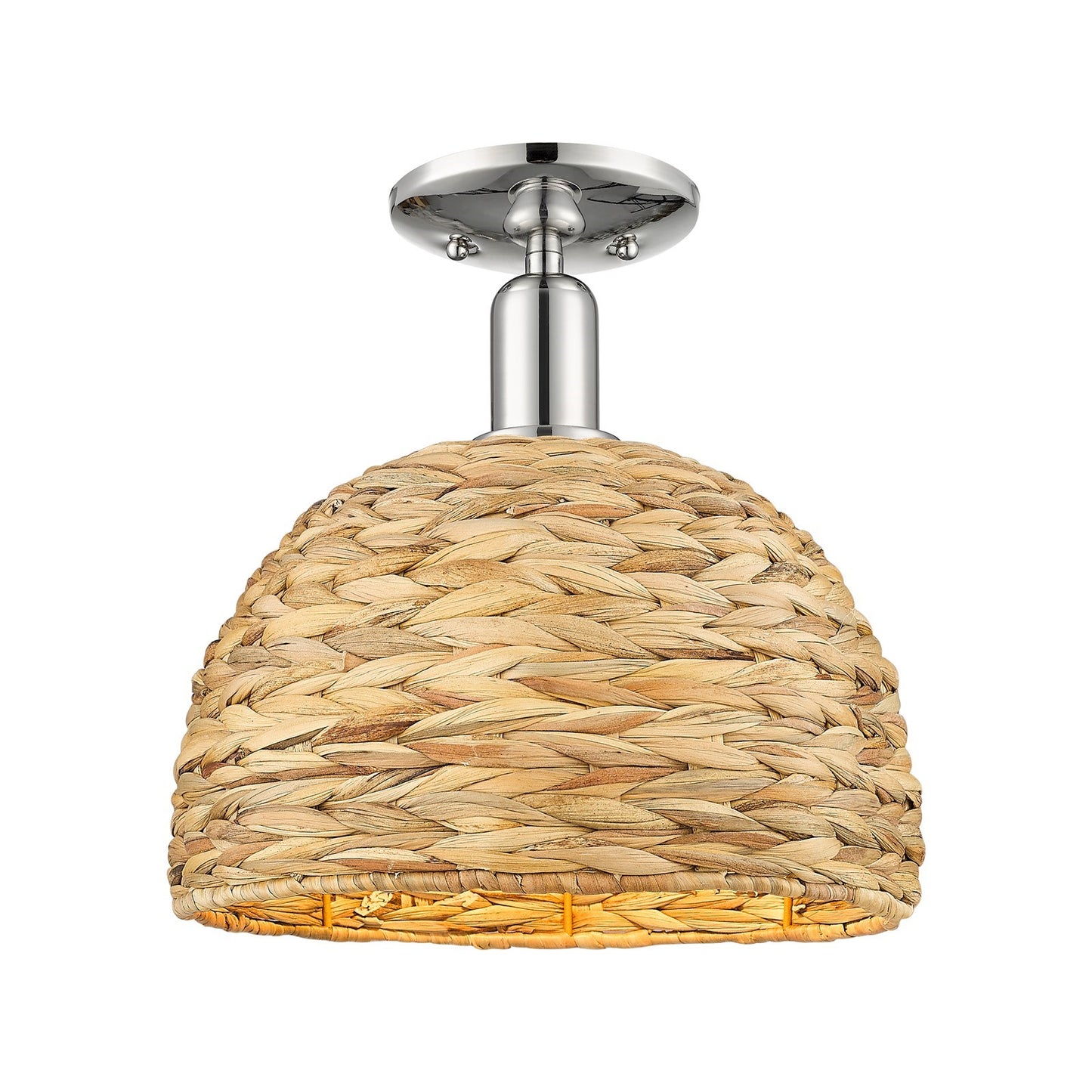 Innovations Woven Rattan 12in 1-Light Semi-Flush Mount | Industrial Polished Nickel Steel and Natural Fiber Dome Shade | Model 716-1C-PN-RBD-12-NAT