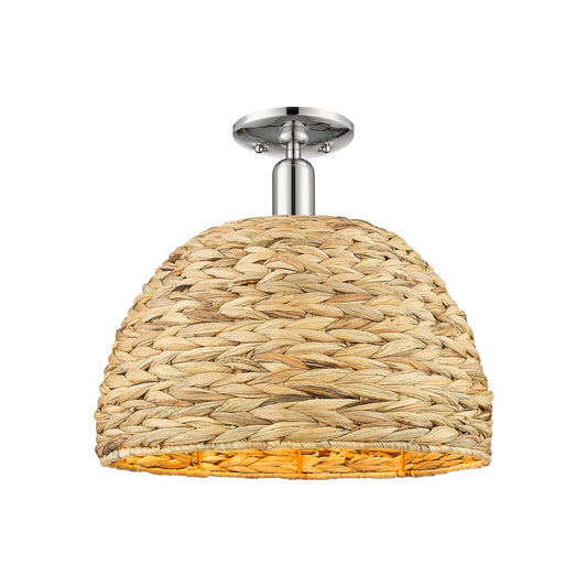 Innovations Arcadia 16in 1-Light Semi-Flush Mount | Industrial Polished Nickel and Natural Rattan Dome Shade | Entryway & | Model 716-1C-PN-RBD-16-NAT