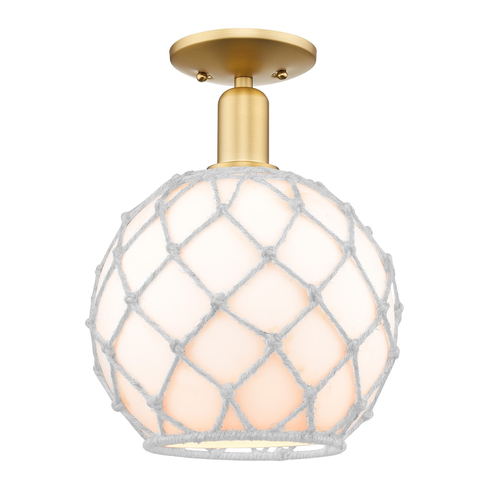 Innovations Farmhouse Rope 10in 1-Light Semi-Flush | Industrial Satin Gold Steel and White Glass with Rope Shade | Kitchen & | Model 716-1C-SG-G121-10RW