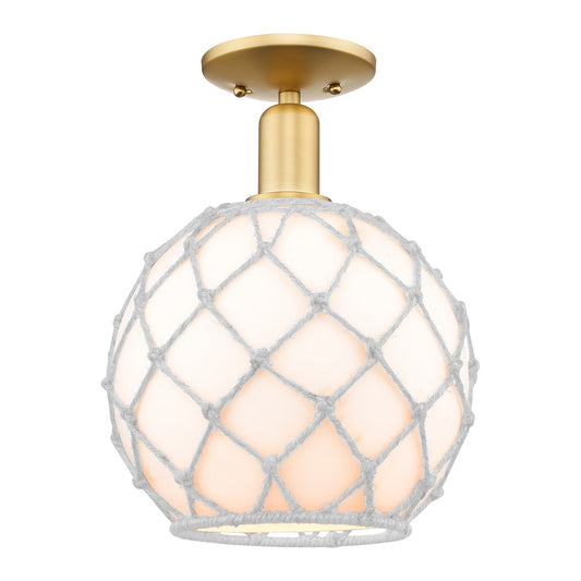 Innovations Farmhouse Rope 10in 1-Light Semi-Flush | Industrial Satin Gold Steel and White Glass with Rope Shade | Kitchen & | Model 716-1C-SG-G121-10RW