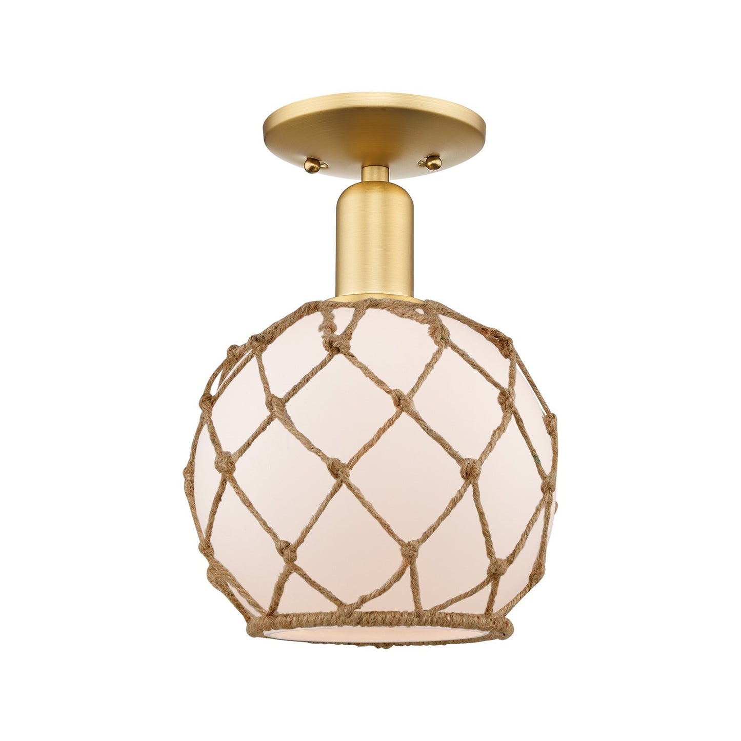 Innovations Farmhouse Rope 8in 1-Light Semi-Flush | Industrial Satin Gold Steel and White Frosted Glass with Brown Rope | Model 716-1C-SG-G121-8RB