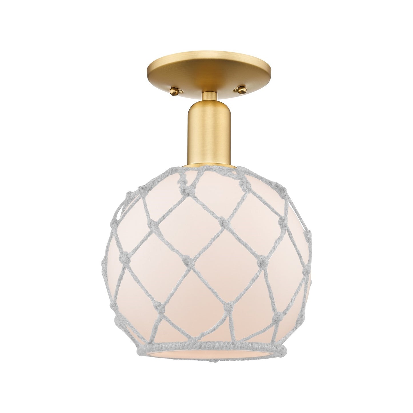 Innovations Farmhouse Rope 8in 1-Light Semi-Flush | Industrial Satin Gold Steel and White Frosted Glass with Rope | Damp-Rated | Model 716-1C-SG-G121-8RW