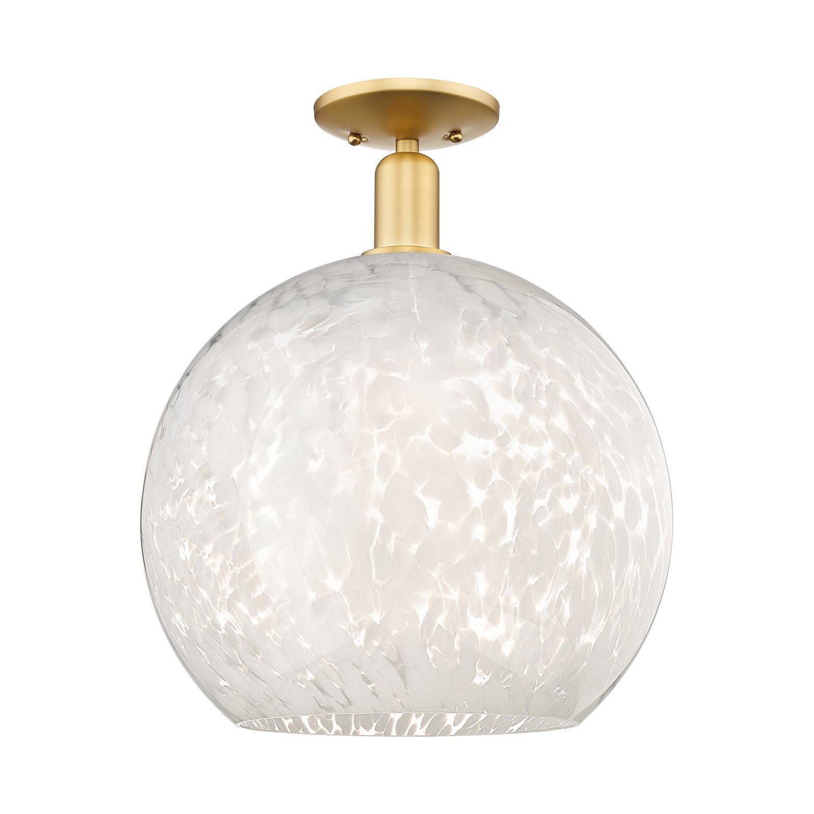Innovations White Mouchette 14in 1-Light Semi-Flush Mount | Industrial Satin Gold Steel and White Glass | Kitchen & Hallway | Model 716-1C-SG-G1216-14WM