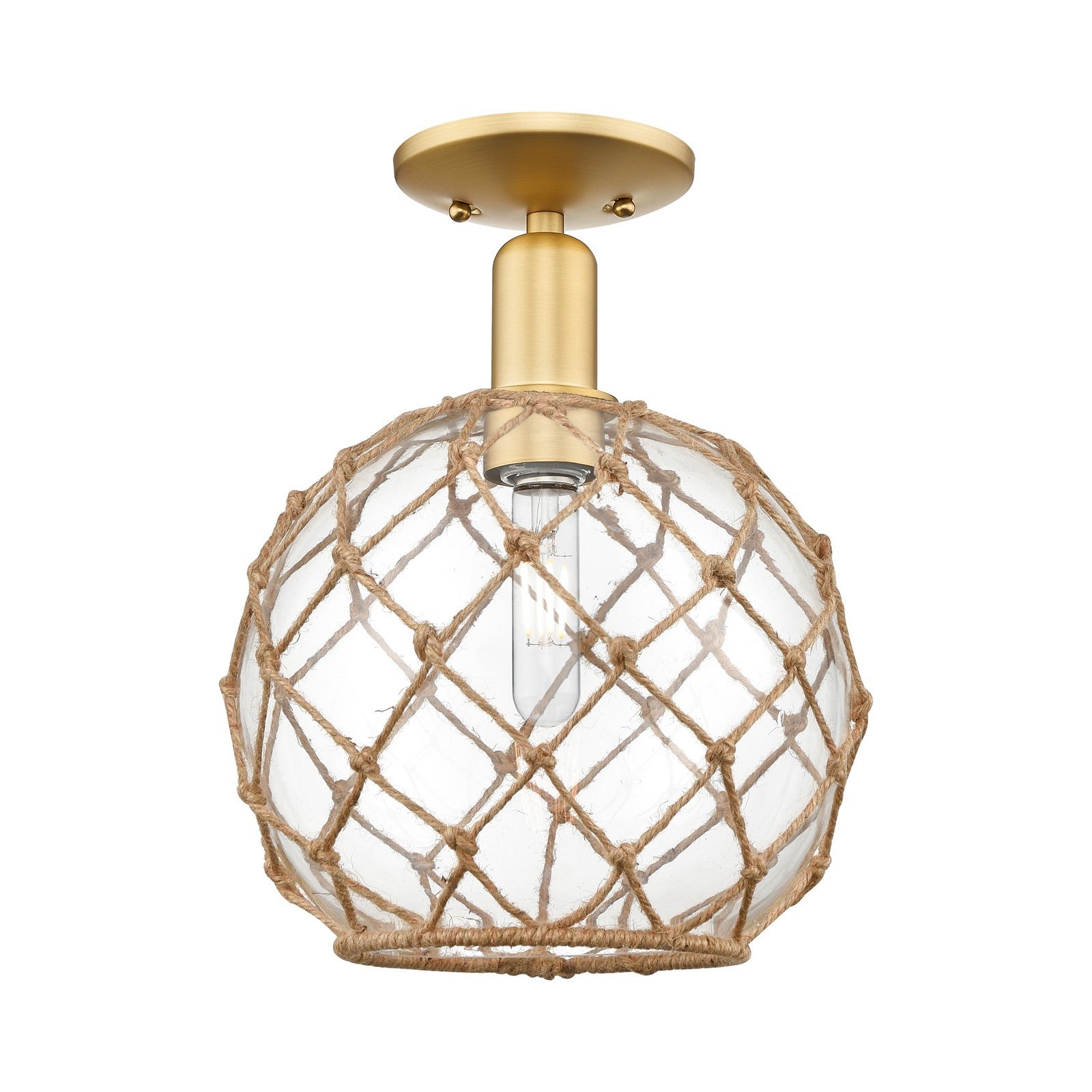 Innovations Farmhouse Rope 10in 1-Light Semi-Flush | Industrial Satin Gold Steel and Clear Glass with Brown Rope | Kitchen & | Model 716-1C-SG-G122-10RB