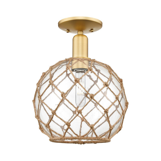 Innovations Farmhouse Rope 10in 1-Light Semi-Flush | Industrial Satin Gold Steel and Clear Glass with Brown Rope | Kitchen & | Model 716-1C-SG-G122-10RB