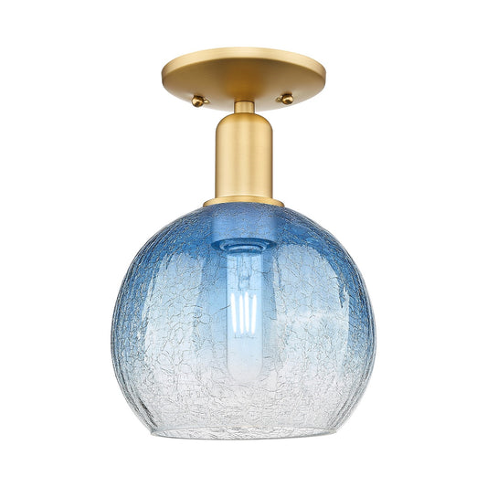 Innovations Brookhaven Globe 8in 1-Light Semi-Flush | Industrial Satin Gold Steel and Sapphire Blue Glass | Entryway & Hallway | Model 716-1C-SG-G483-8SB