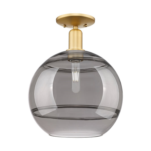 Innovations Rochester 12in 1-Light Semi-Flush Mount | Industrial Satin Gold Steel and Cast Brass with Light Smoke Glass | Damp | Model 716-1C-SG-G556-12SM