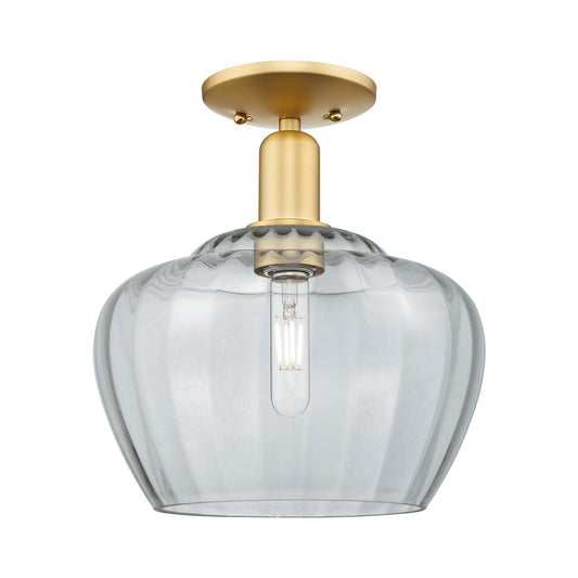 Innovations Fenton 11in 1-Light Semi-Flush Mount | Industrial Satin Gold Steel and Clear Ribbed Glass | Entryway & Hallway | 11 x | Model 716-1C-SG-G92-L