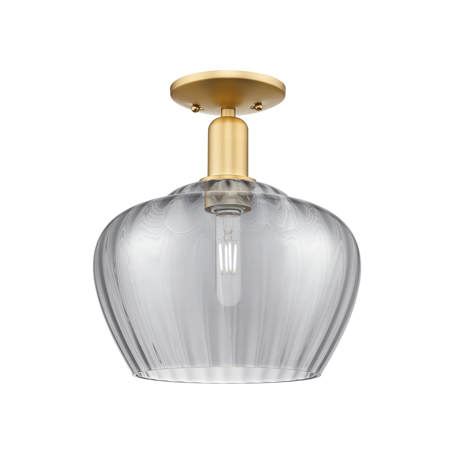 Innovations Fenton 11in 1-Light Semi-Flush Mount | Industrial Satin Gold Steel and Light Smoke Ribbed Glass | Entryway & Hallway | Model 716-1C-SG-G93-L