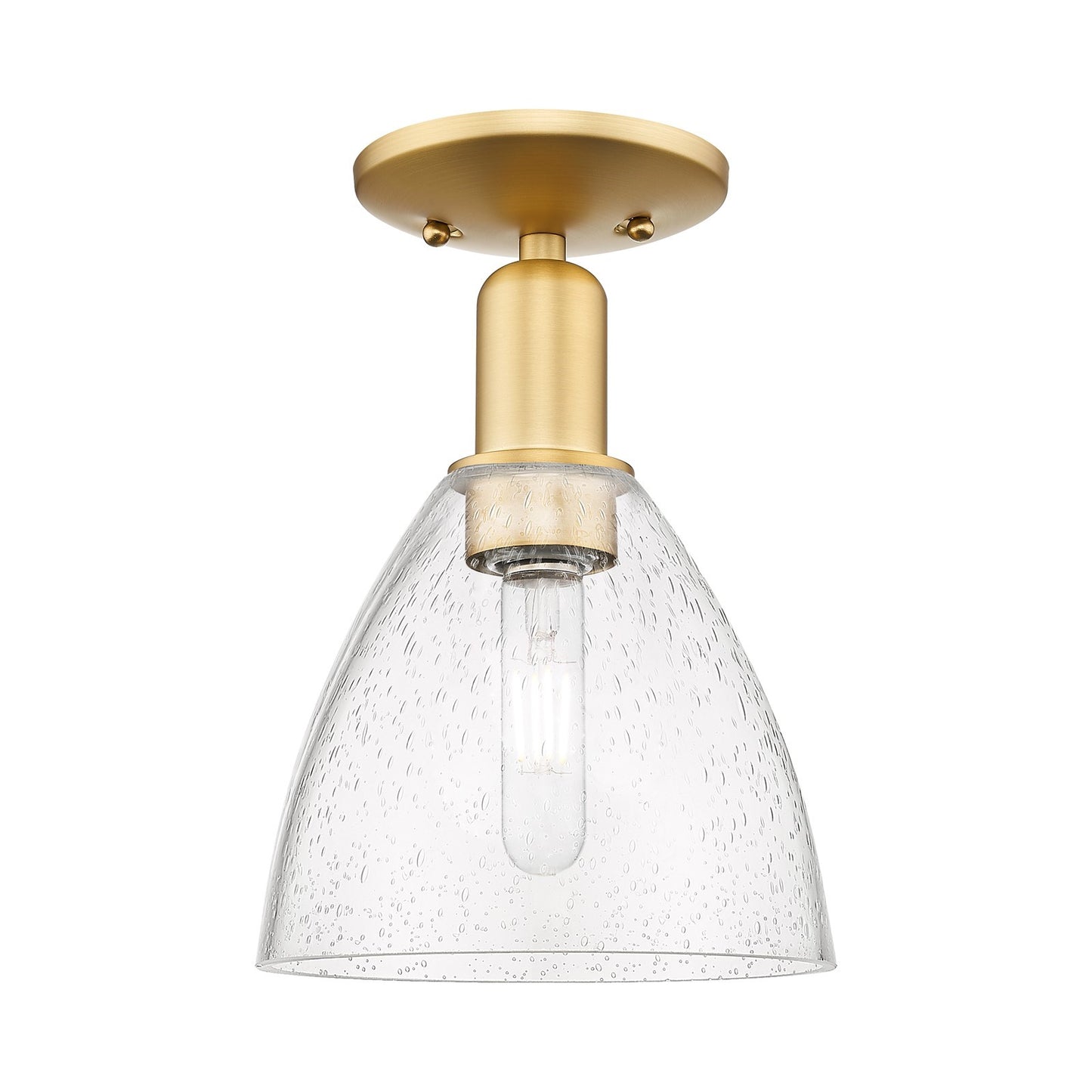 Innovations Bristol 1-Light 7.5in Semi-Flush Mount | Industrial Satin Gold Steel and Seedy Glass | Damp-Rated Hallway & Bathroom | Model 716-1C-SG-GBD-754