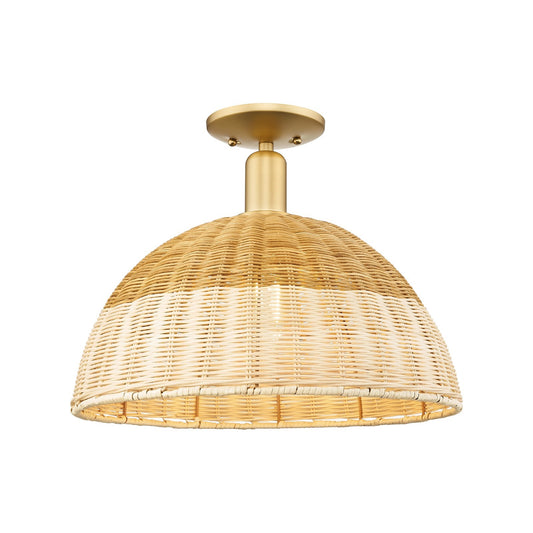 Innovations Natural Ballston Dome 16in 1-Light Semi-Flush Mount | Farmhouse Satin Gold Steel and Natural Fiber Basketweave | Model 716-1C-SG-NBD2-16-NAT