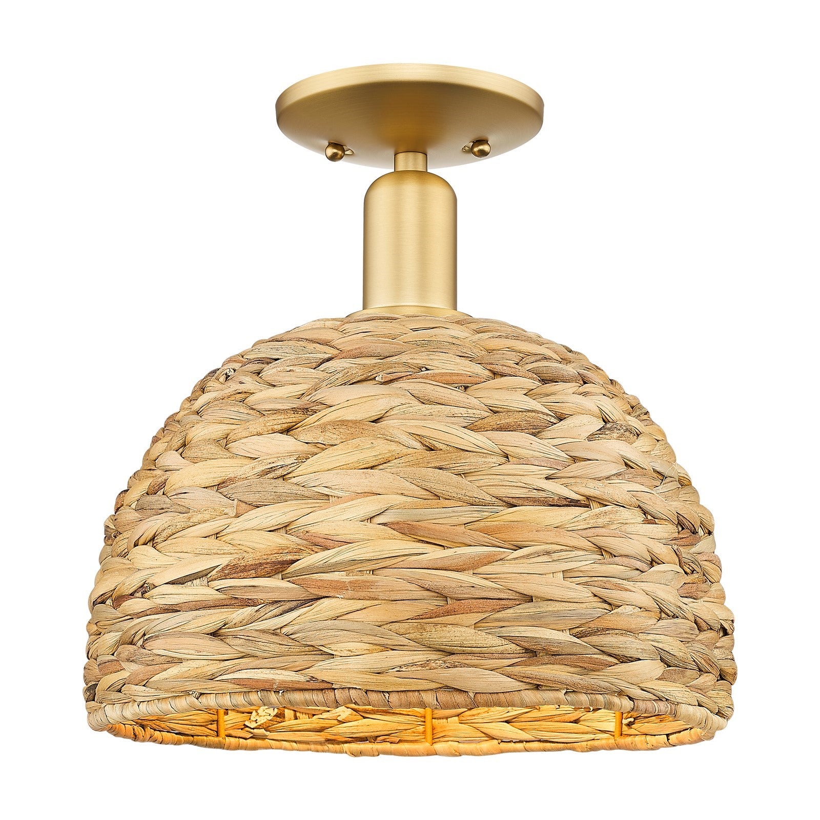 Innovations Woven Rattan 12in 1-Light Semi-Flush | Industrial Satin Gold Steel and Natural Fiber Dome Shade | Kitchen & | Model 716-1C-SG-RBD-12-NAT
