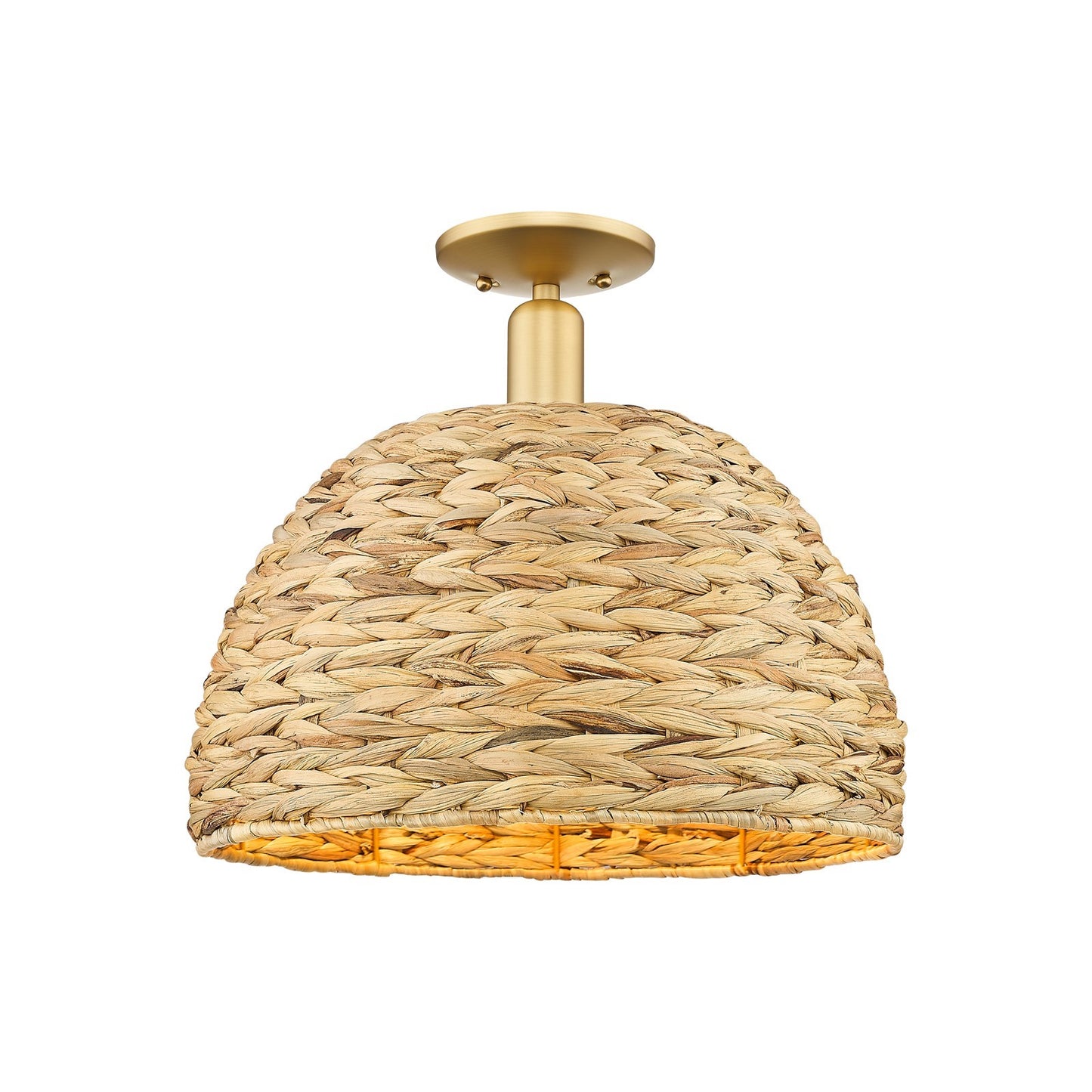 Innovations Woven Rattan 16in 1-Light Semi-Flush Mount | Industrial Satin Gold Steel and Natural Fiber Dome Shade | Damp | Model 716-1C-SG-RBD-16-NAT