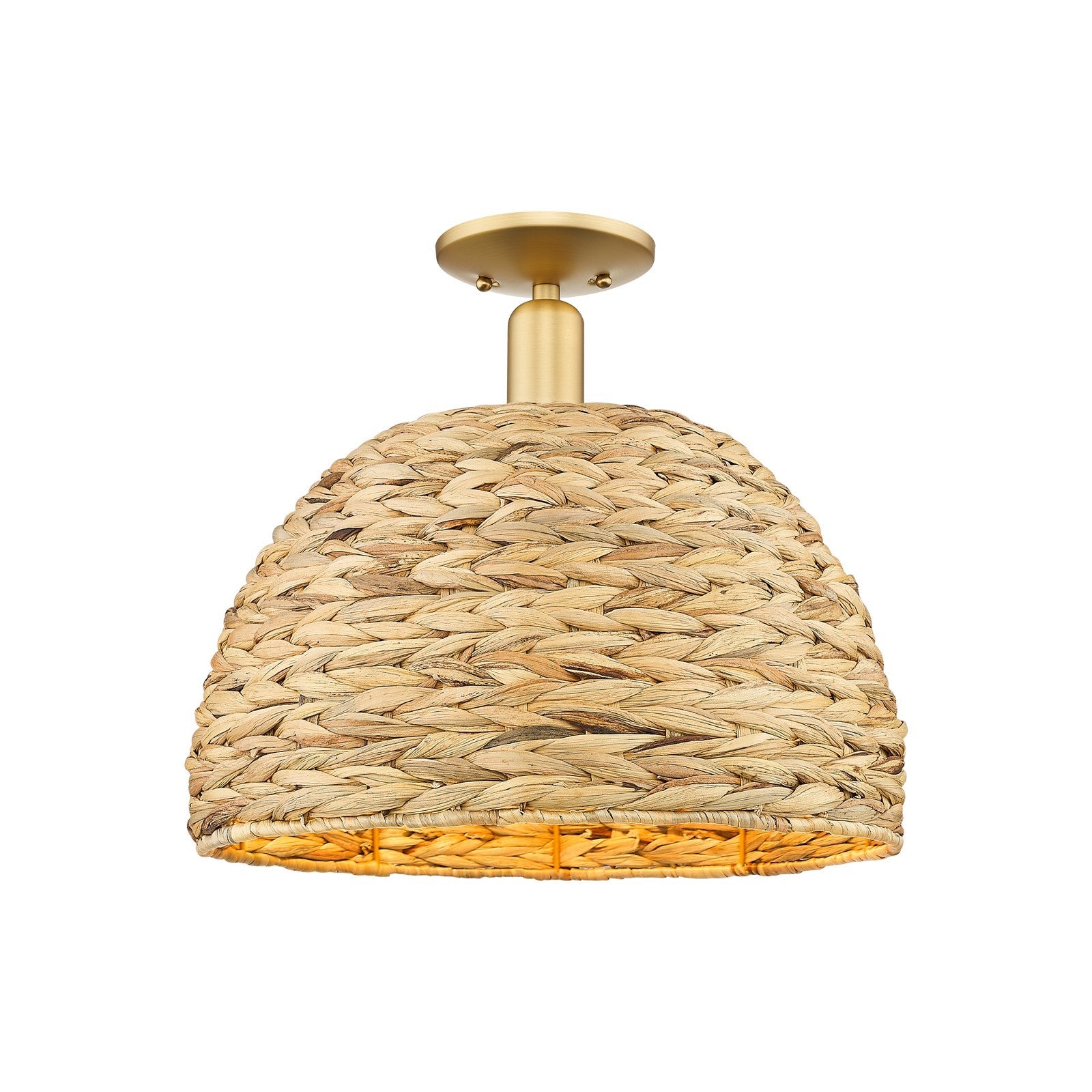 Innovations Woven Rattan 16in 1-Light Semi-Flush Mount | Industrial Satin Gold Steel and Natural Fiber Dome Shade | Damp | Model 716-1C-SG-RBD-16-NAT