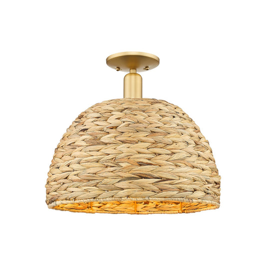 Innovations Woven Rattan 16in 1-Light Semi-Flush Mount | Industrial Satin Gold Steel and Natural Fiber Dome Shade | Damp | Model 716-1C-SG-RBD-16-NAT