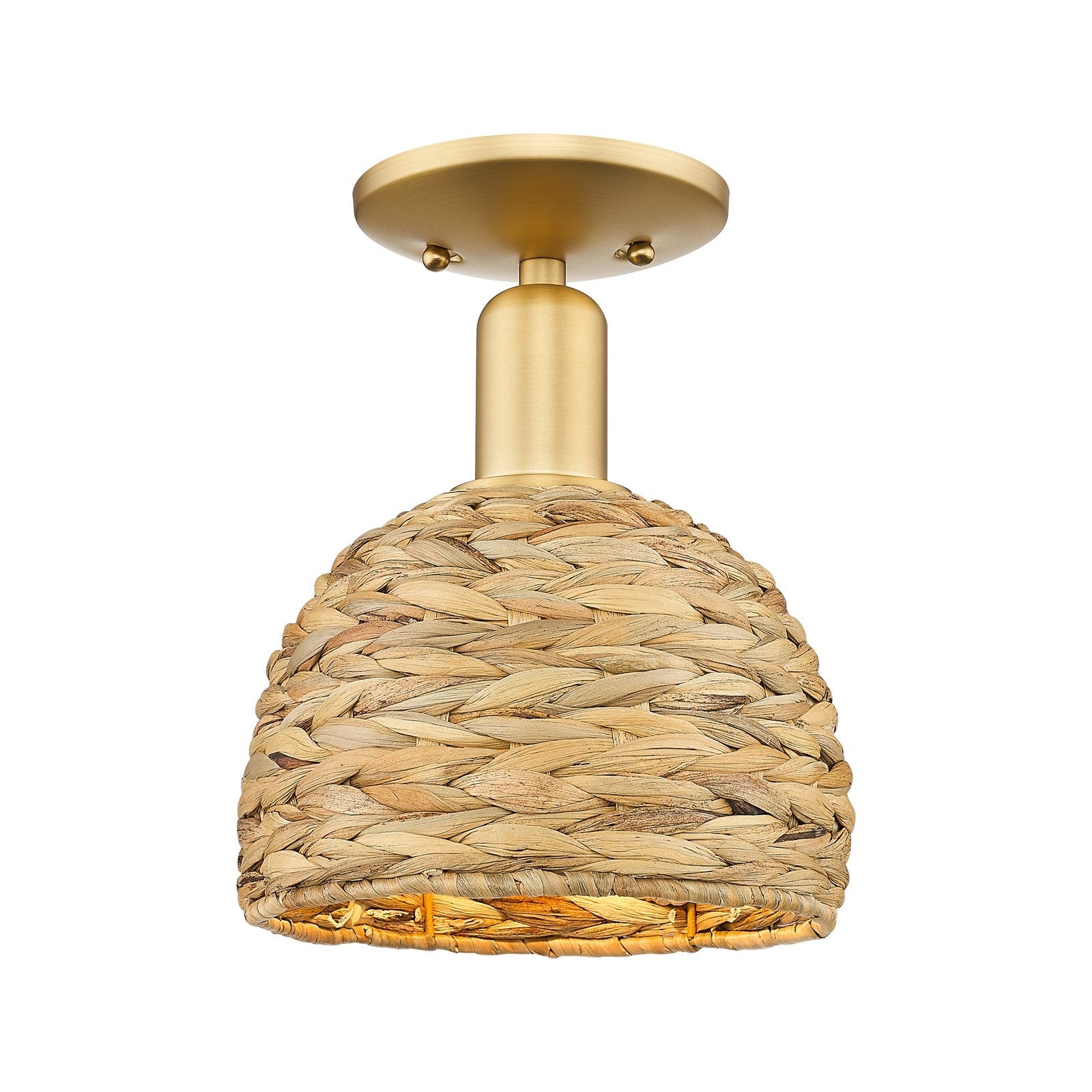 Innovations Woven Rattan 8in 1-Light Semi-Flush Mount | Rustic Farmhouse Satin Gold Steel and Natural Woven Rattan | Entryway | Model 716-1C-SG-RBD-8-NAT