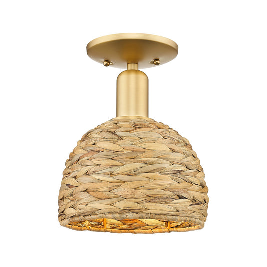 Innovations Woven Rattan 8in 1-Light Semi-Flush Mount | Rustic Farmhouse Satin Gold Steel and Natural Woven Rattan | Entryway | Model 716-1C-SG-RBD-8-NAT