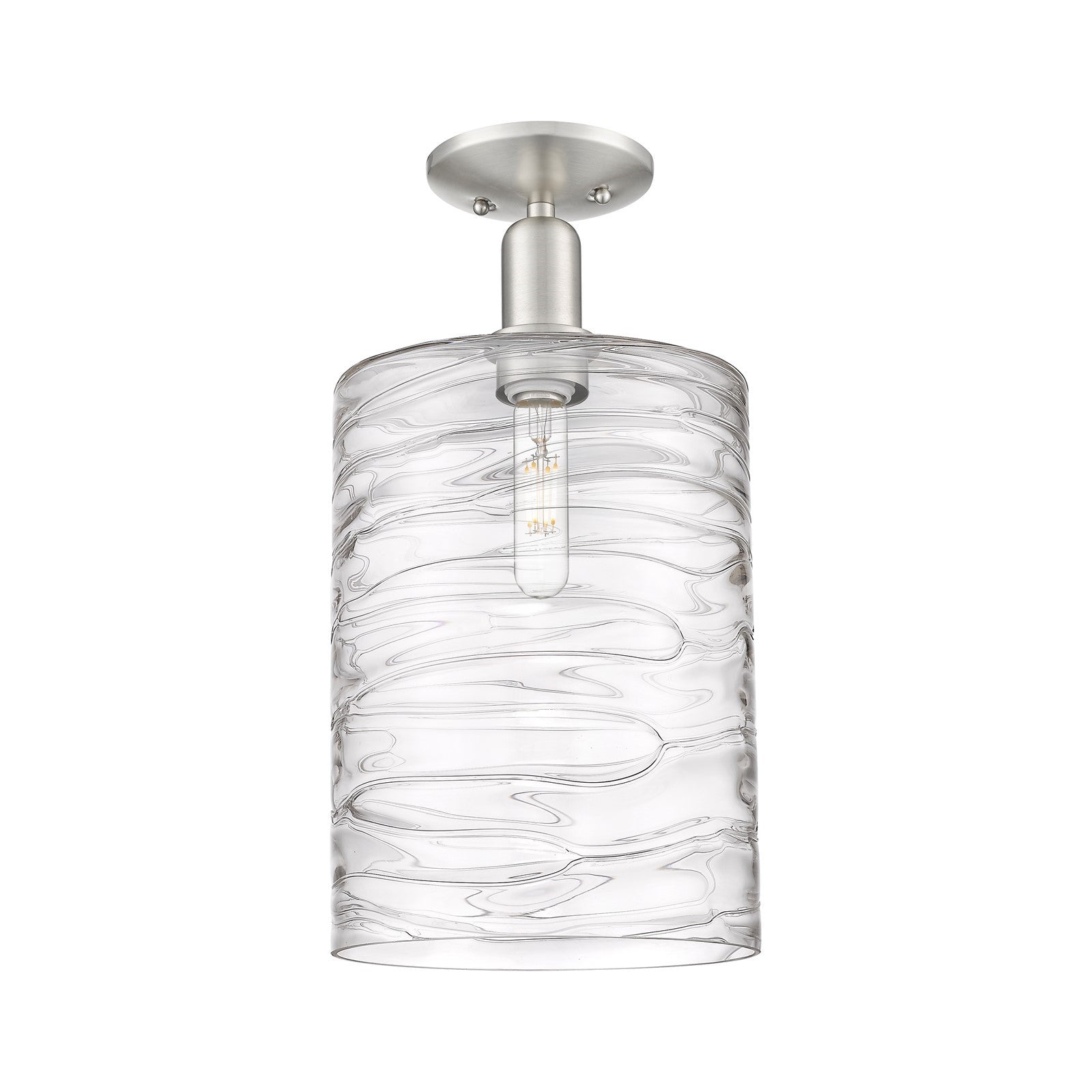 Innovations Cobbleskill 9in 1-Light Semi-Flush Mount | Industrial Brushed Satin Nickel Steel and Deco Swirl Clear Glass | Model 716-1C-SN-G1113-L