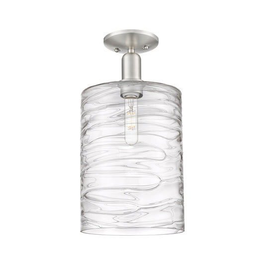 Innovations Cobbleskill 9in 1-Light Semi-Flush Mount | Industrial Brushed Satin Nickel Steel and Deco Swirl Clear Glass | Model 716-1C-SN-G1113-L