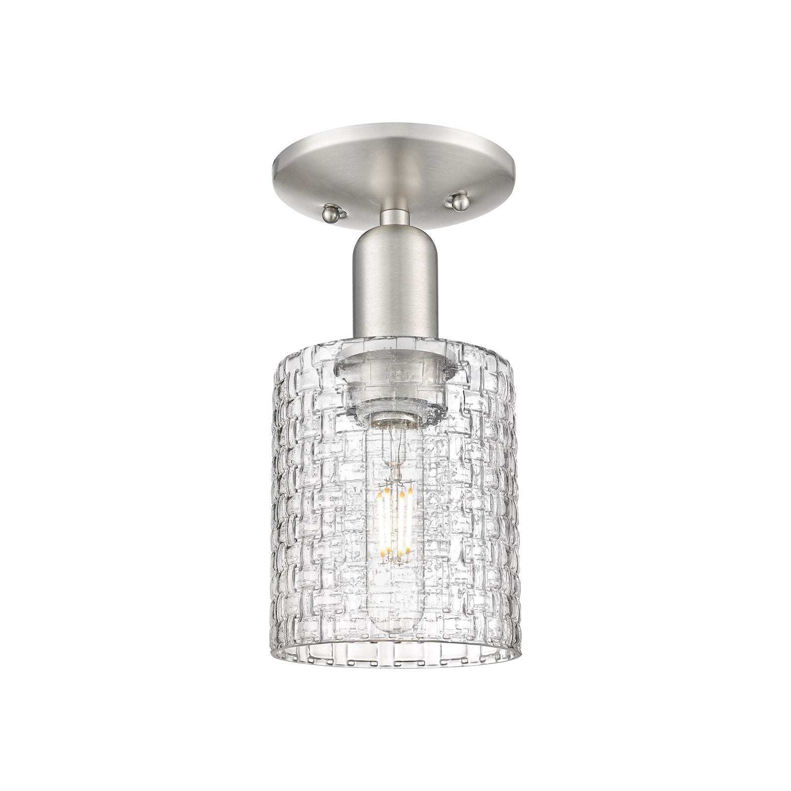 Innovations Cobbleskill 5in 1-Light Semi-Flush Mount | Industrial Brushed Satin Nickel and Clear Basket Weave Glass | Entryway | Model 716-1C-SN-G112C-5CL