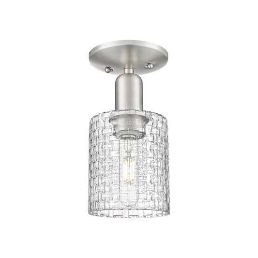 Innovations Cobbleskill 5in 1-Light Semi-Flush Mount | Industrial Brushed Satin Nickel and Clear Basket Weave Glass | Entryway | Model 716-1C-SN-G112C-5CL