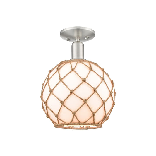 Innovations Farmhouse Rope 10in 1-Light Semi-Flush Mount | Industrial Brushed Satin Nickel Steel and Matte White Glass with | Model 716-1C-SN-G121-10RB