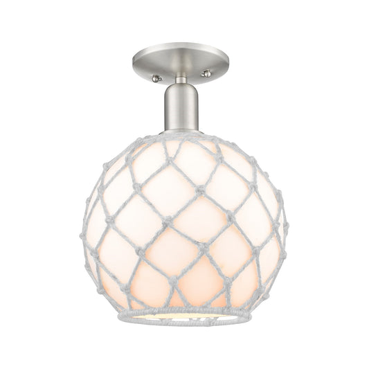 Innovations Farmhouse Rope 10in 1-Light Semi-Flush Mount | Industrial Brushed Satin Nickel and White Glass with Rope Shade | Model 716-1C-SN-G121-10RW
