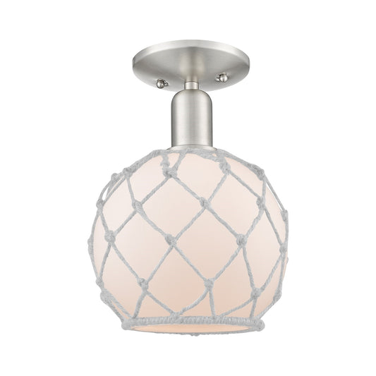 Innovations Farmhouse Rope 8in 1-Light Semi-Flush Mount | Industrial Brushed Satin Nickel and White Glass with Rope | Kitchen & | Model 716-1C-SN-G121-8RW