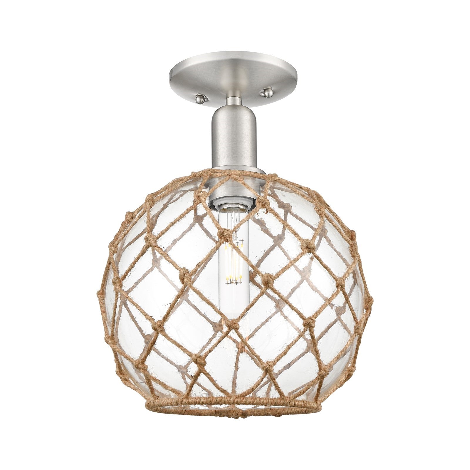 Innovations Farmhouse Rope 10in 1-Light Semi-Flush Mount | Industrial Brushed Satin Nickel and Clear Glass with Brown Rope | Model 716-1C-SN-G122-10RB
