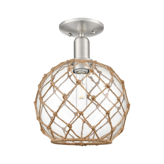 Innovations Farmhouse Rope 10in 1-Light Semi-Flush Mount | Industrial Brushed Satin Nickel and Clear Glass with Brown Rope | Model 716-1C-SN-G122-10RB