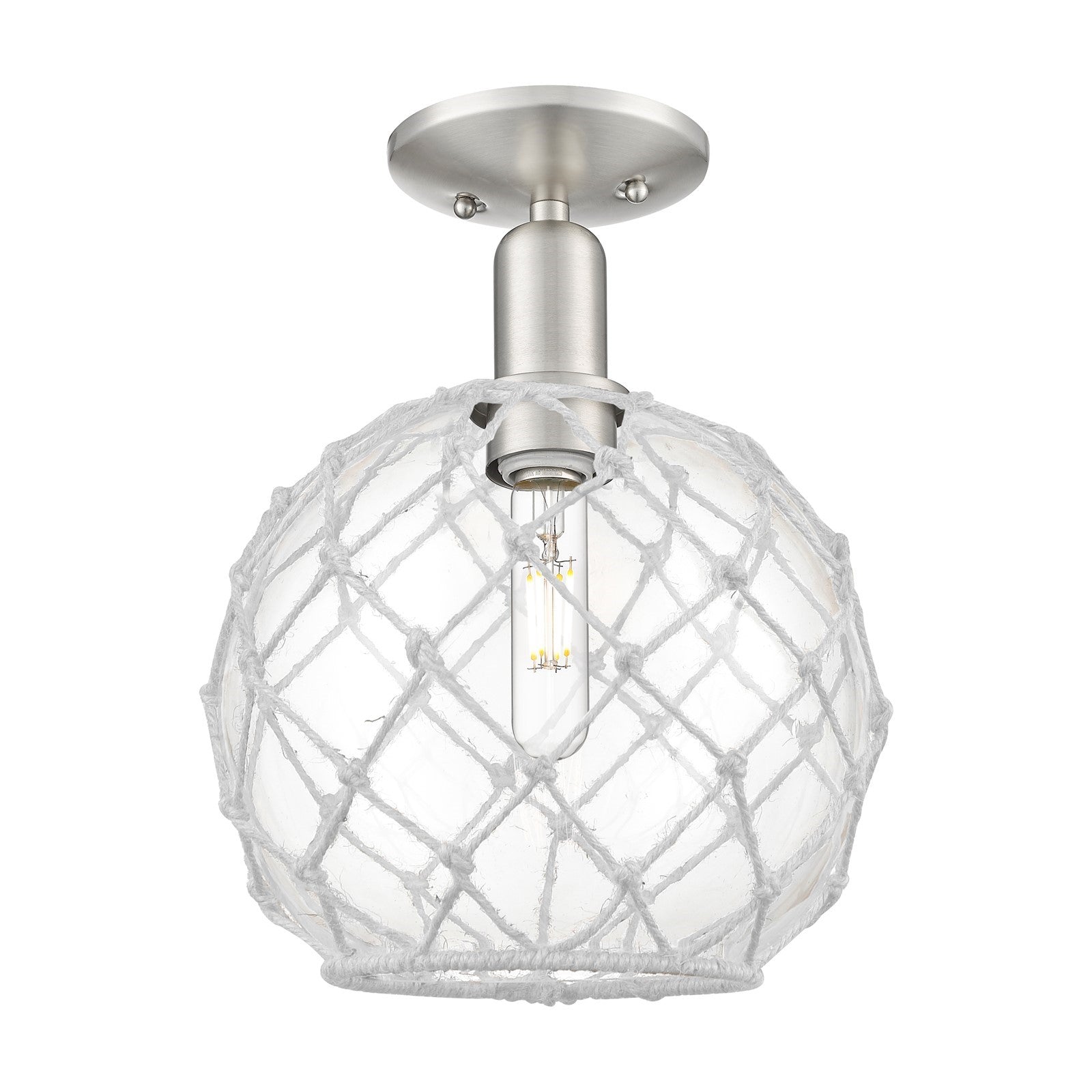 Innovations Farmhouse Rope 10in 1-Light Semi-Flush Mount | Industrial Brushed Satin Nickel and Clear Glass with White Rope | Model 716-1C-SN-G122-10RW