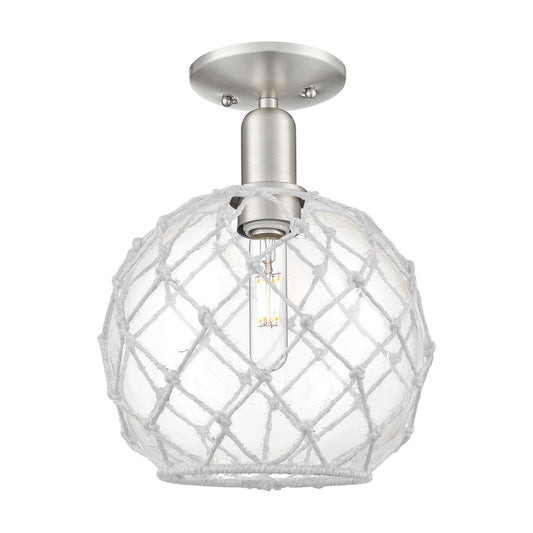 Innovations Farmhouse Rope 10in 1-Light Semi-Flush Mount | Industrial Brushed Satin Nickel and Clear Glass with White Rope | Model 716-1C-SN-G122-10RW