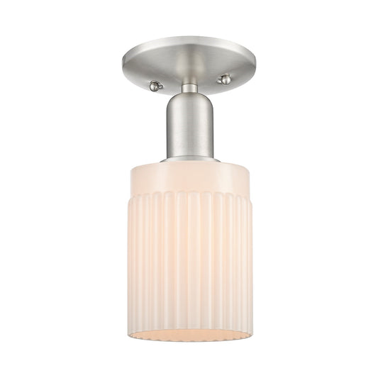 Innovations Hadley 4.5in 1-Light Semi-Flush | Industrial Brushed Satin Nickel and Matte White Ribbed Glass | Entryway & Hallway | Model 716-1C-SN-G341