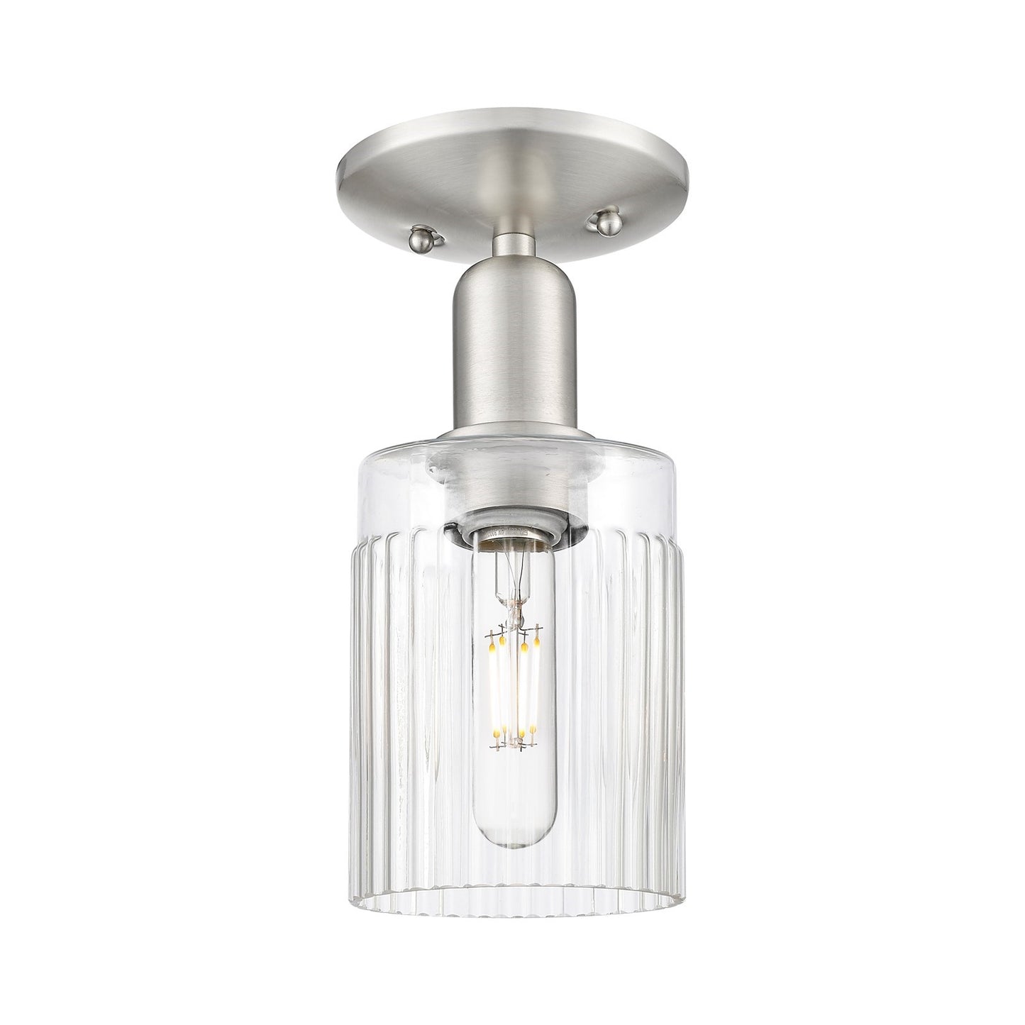 Innovations Hadley 1-Light 4.5in Semi-Flush | Industrial Brushed Satin Nickel Steel and Clear Ribbed Glass | Kitchen & Hallway | Model 716-1C-SN-G342