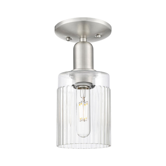 Innovations Hadley 1-Light 4.5in Semi-Flush | Industrial Brushed Satin Nickel Steel and Clear Ribbed Glass | Kitchen & Hallway | Model 716-1C-SN-G342