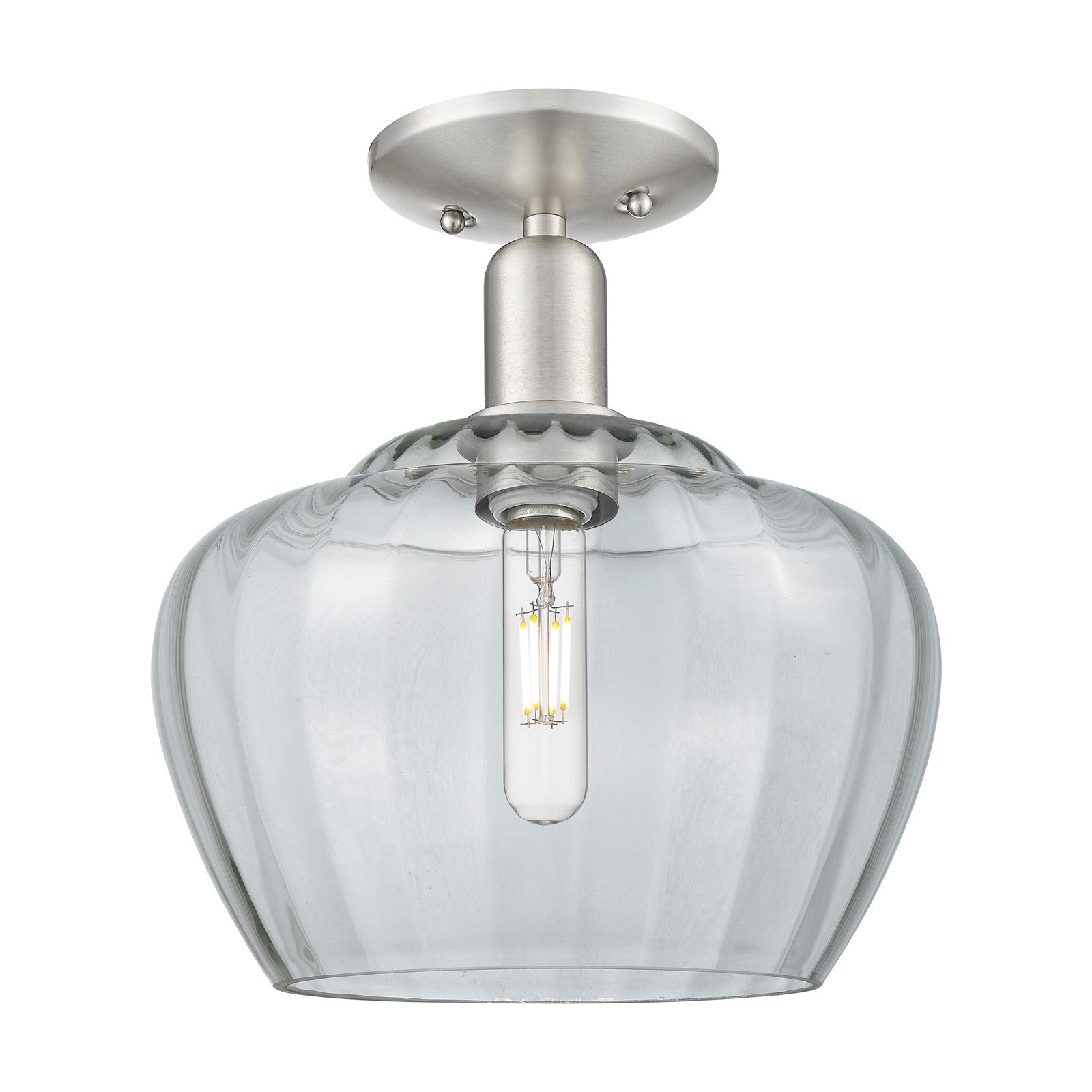 Innovations Fenton 11in 1-Light Semi-Flush Mount | Industrial Brushed Satin Nickel Steel and Clear Ribbed Glass | Entryway & | Model 716-1C-SN-G92-L