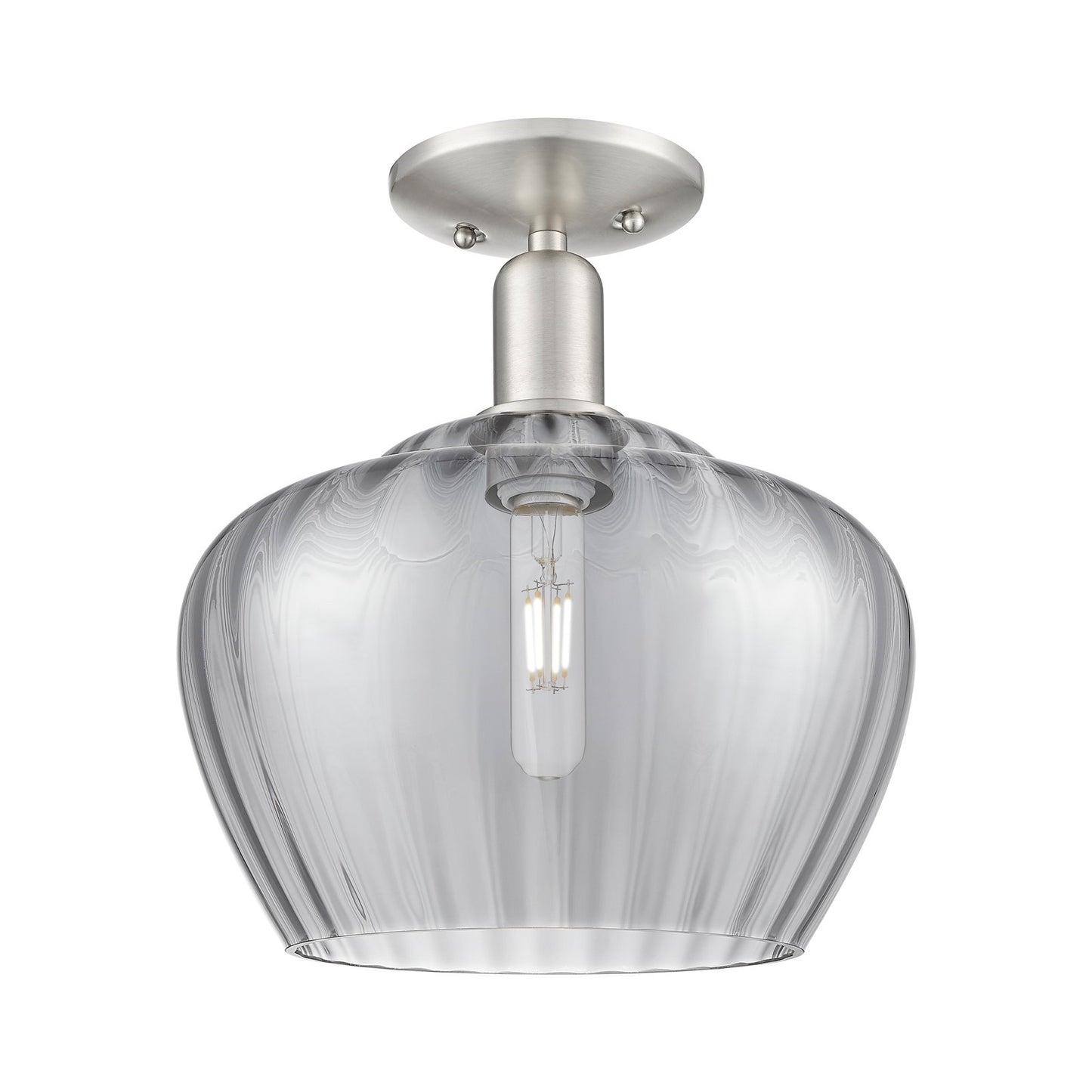 Innovations Fenton 11in 1-Light Semi-Flush | Industrial Brushed Satin Nickel and Light Smoke Ribbed Glass | Hallway & Entryway | Model 716-1C-SN-G93-L