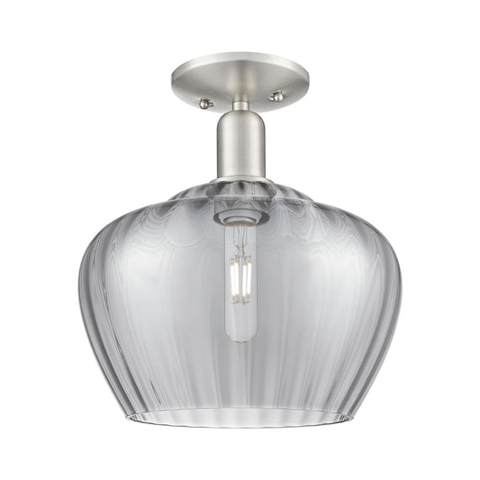 Innovations Fenton 11in 1-Light Semi-Flush | Industrial Brushed Satin Nickel and Light Smoke Ribbed Glass | Hallway & Entryway | Model 716-1C-SN-G93-L