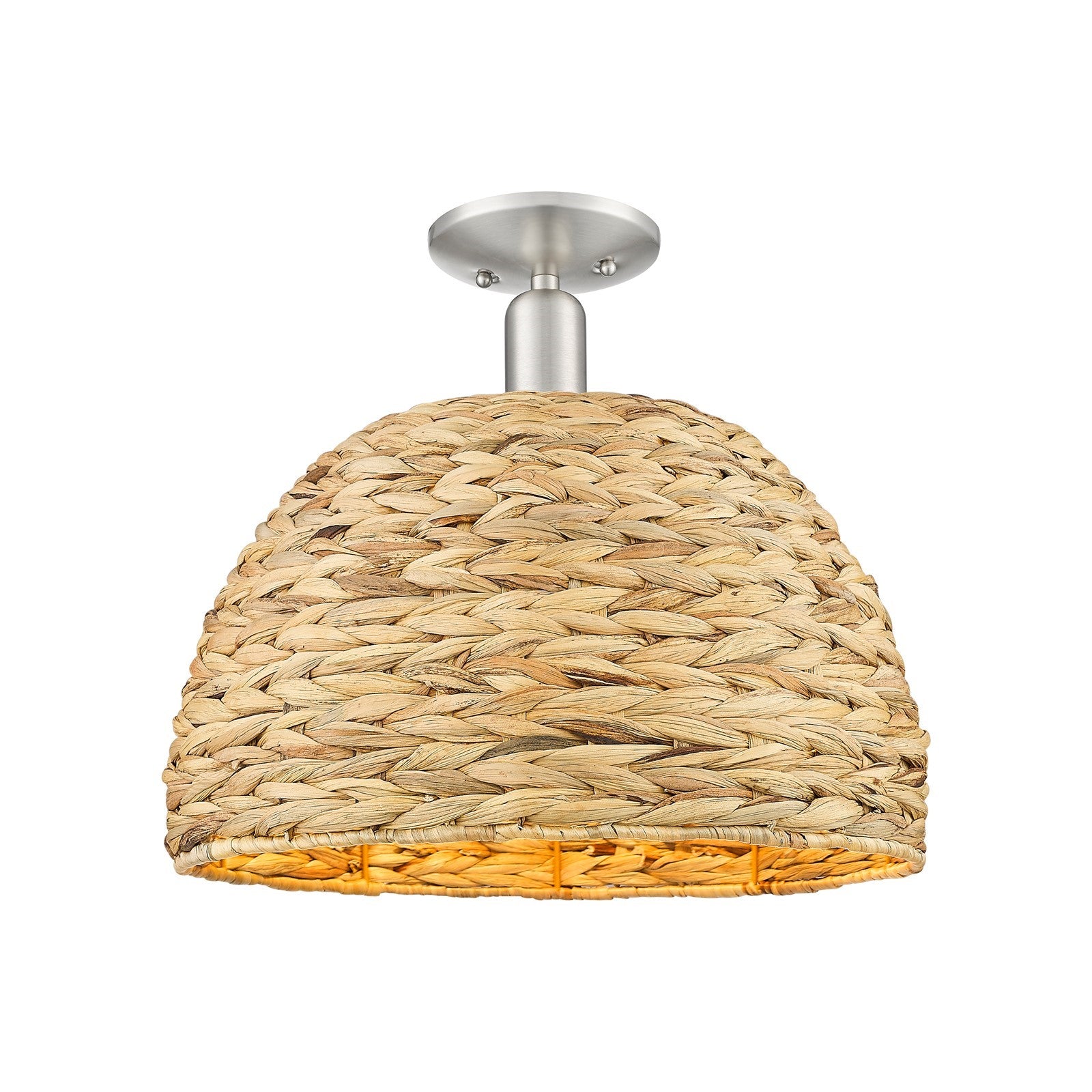 Innovations Arcadia 16in 1-Light Semi-Flush Mount | Industrial Brushed Satin Nickel and Natural Rattan Dome Shade | Living | Model 716-1C-SN-RBD-16-NAT